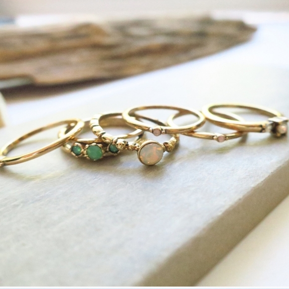 Opal Ring Stack 6pc 18k Gold Stackable Rings - Picture 4 of 10